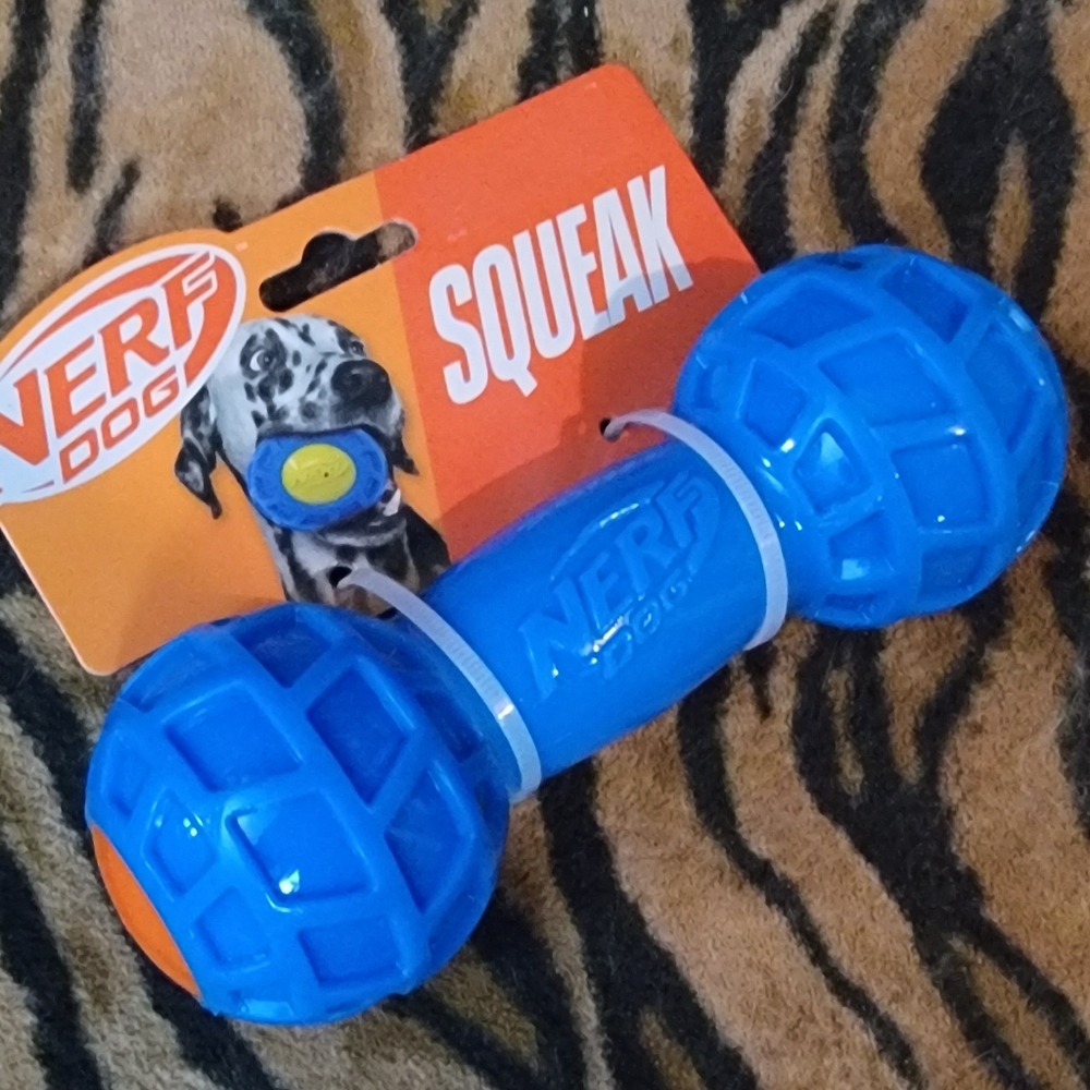 Nerf Dog Blue Barbell Toy W Squeak Large ea. New